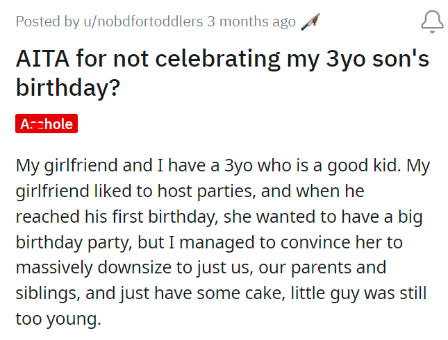 AITA for not celebrating my 3 year old son's birthday