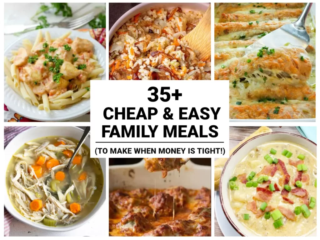 Collage image of six cheap family meals