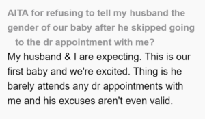 Pregnant wife won't tell husband baby's gender; is called 'spiteful