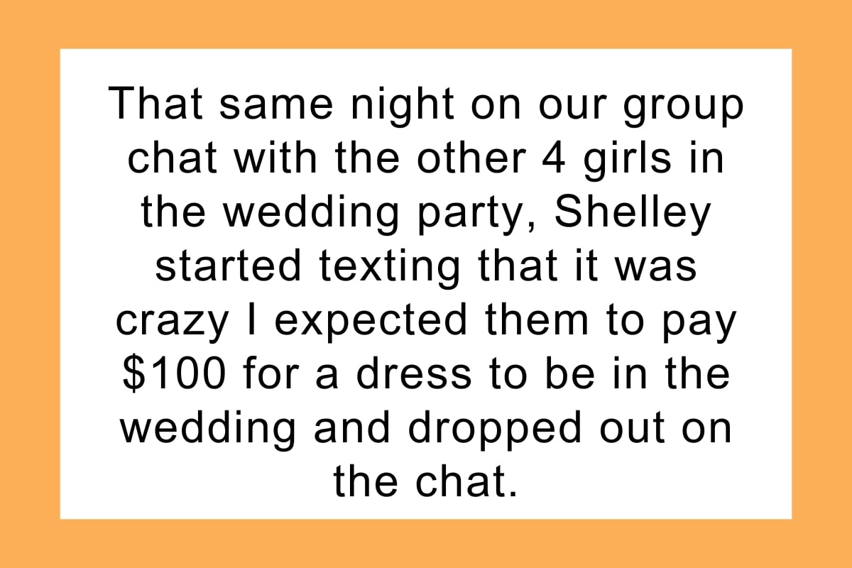 That same night on our group chat with the other 4 girls in the wedding party, Shelley started texting that it was crazy I expected them to pay $100 for a dress to be in the wedding and dropped out on the chat.