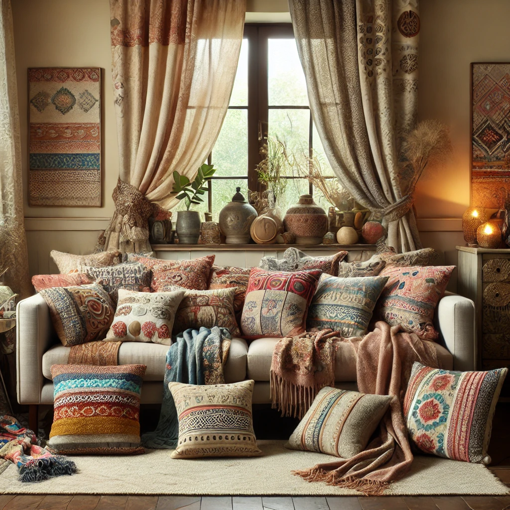 DALL·E-2024-08-28-19.41.28-A-cozy-living-room-with-a-variety-of-textiles-showcasing-different-colors-patterns-and-textures.-The-room-features-a-mix-of-pillows-with-vibrant-cov