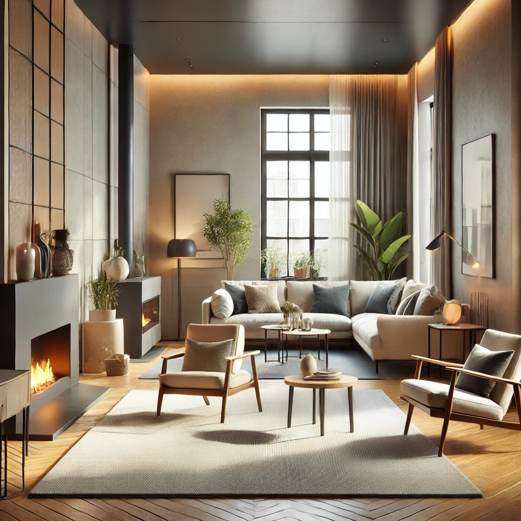 DALL·E-2024-08-28-19.43.48-A-cozy-living-room-with-modern-furniture-rearranged-to-create-a-fresh-look.-The-sofa-is-moved-away-from-the-wall-angled-towards-a-fireplace.-There-ar