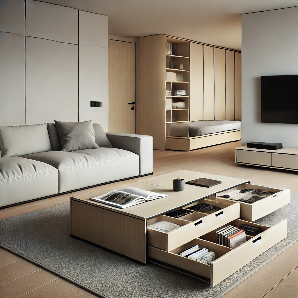 DALL·E-2024-09-21-01.18.25-A-minimalist-living-room-showcasing-multifunctional-furniture.-The-room-features-a-sleek-coffee-table-with-hidden-storage-compartments-keeping-small-