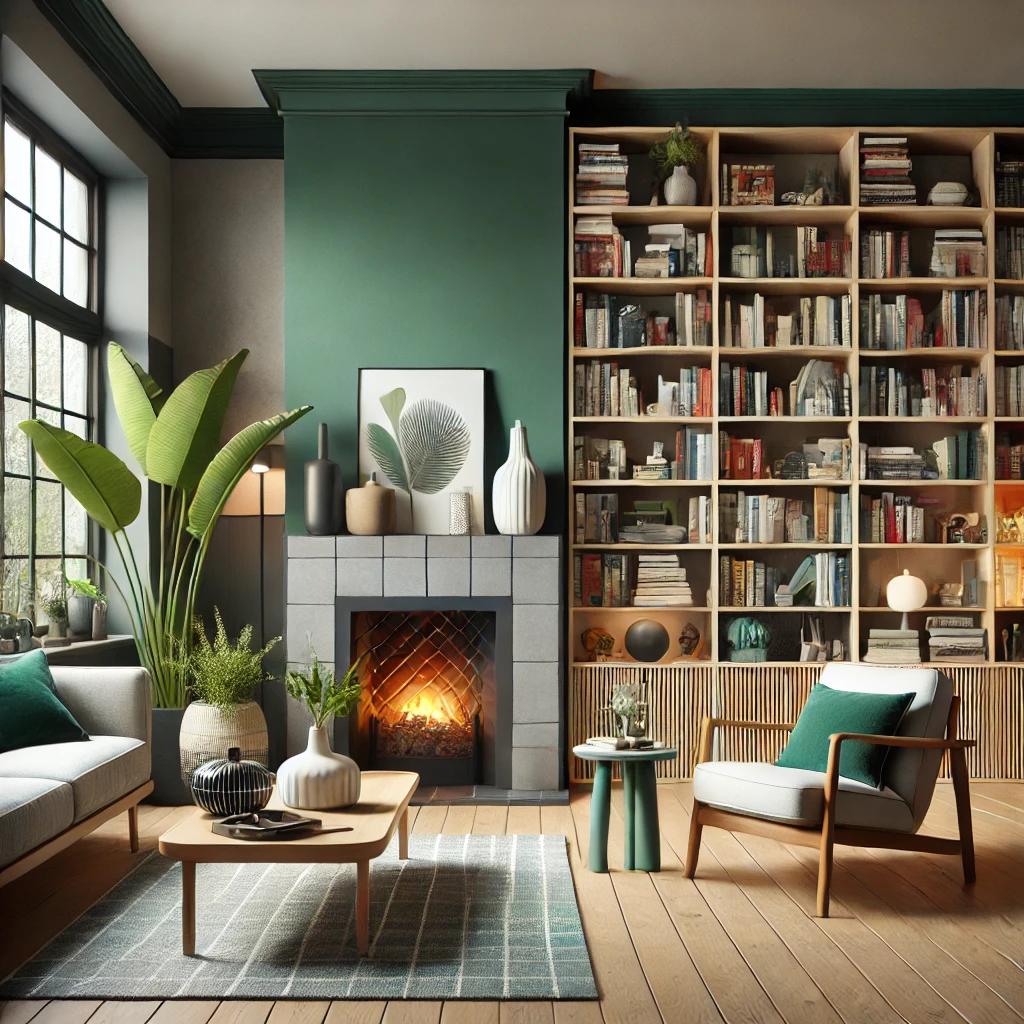 DALL·E-2024-09-21-12.45.11-A-cozy-living-room-with-a-strong-focal-point.-The-room-features-a-green-accent-wall-with-a-fireplace-at-its-center-flanked-by-bookshelves-filled-with
