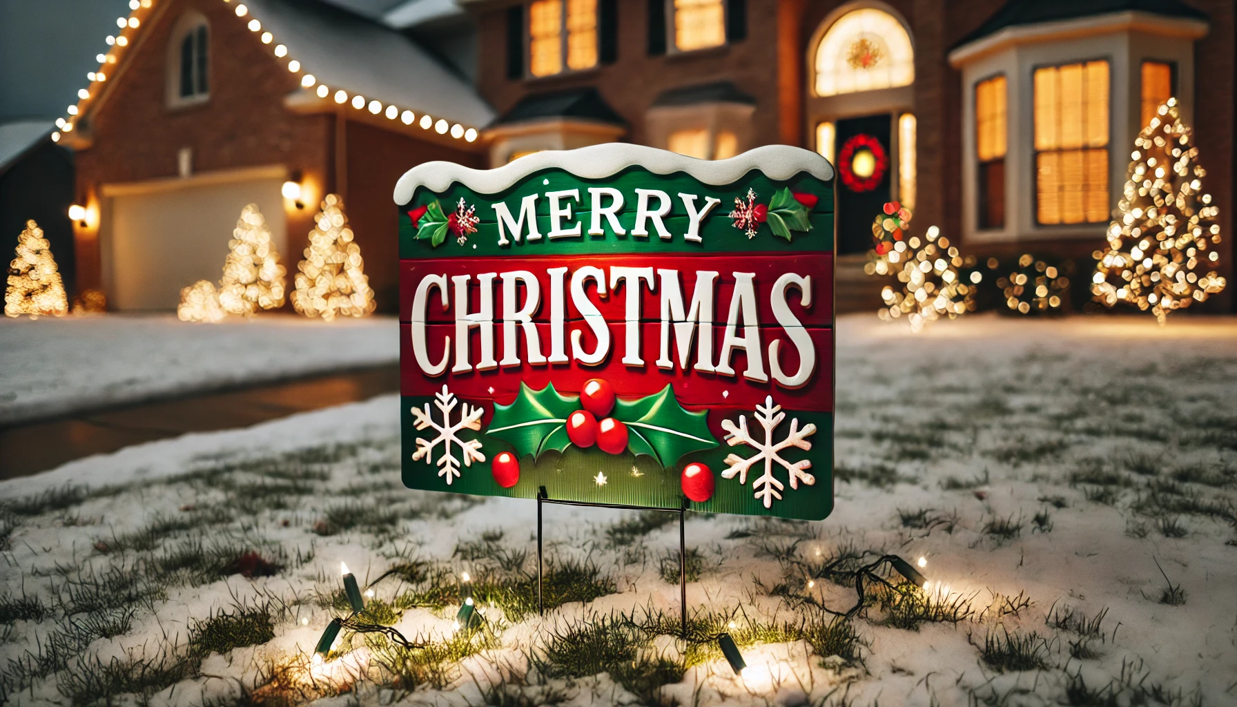 A festive outdoor scene featuring a 'Merry Christmas' lawn sign. The sign is brightly colored, with bold red and green letters, decorated with holly, snowflakes, and small festive accents. It stands prominently on a snow-covered lawn, with twinkling string lights nearby, casting a warm glow around it. The house in the background is subtly decorated with garlands and a wreath, enhancing the holiday ambiance. The scene is set during the evening, with the lawn sign illuminated by soft lights, making it a cheerful and inviting display.