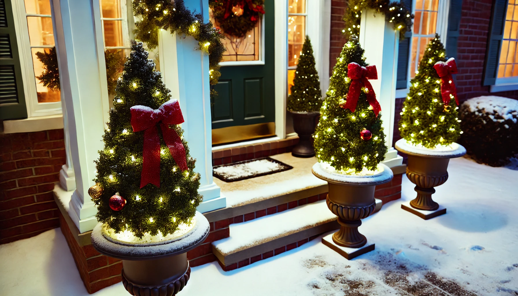 A festive outdoor scene featuring Christmas tree topiaries placed near the entrance of a house. The topiaries are small, perfectly shaped evergreen trees decorated with twinkling lights, red bows, and a few ornaments. Each topiary is set in elegant planters, adding a refined, festive touch to the entrance. The scene is set on a snow-covered porch, with garlands draped along the railings and a wreath on the front door. The topiaries are softly illuminated, creating a warm, inviting atmosphere against the evening sky.