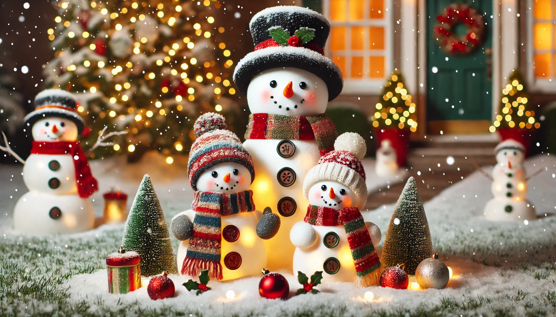 A cheerful outdoor Christmas scene featuring a snowman family on a snow-covered lawn. The snowman family consists of three snowmen of different sizes, each decorated with colorful scarves, hats, and carrot noses. The largest snowman has a top hat and buttons, the medium-sized one is wearing a red scarf, and the smallest has a playful beanie. They are surrounded by small festive touches, such as twinkling string lights, holly, and small ornaments. The scene is set during the evening, with the snowmen softly illuminated by warm lights, creating a cozy, joyful holiday atmosphere.