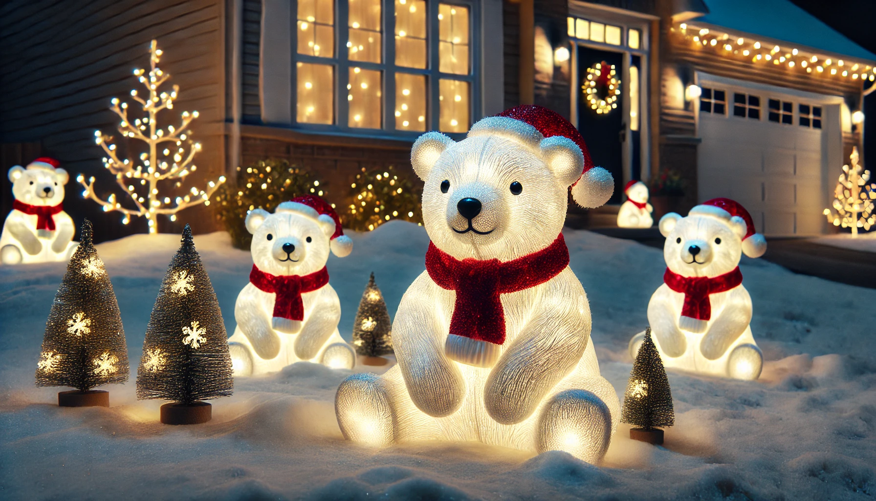 A charming outdoor Christmas scene featuring light-up polar bear figures placed on a snow-covered lawn. The polar bears are designed with a soft, glowing light, giving them a friendly and festive appearance. Each bear is decorated with a red scarf and a Santa hat, adding to the holiday cheer. The figures are positioned near a few small, illuminated evergreen trees, creating a cozy and playful atmosphere. The house in the background has subtle decorations, such as string lights and a wreath on the door. The scene is set during the evening, with the polar bear figures glowing brightly, adding a magical, wintry feel.