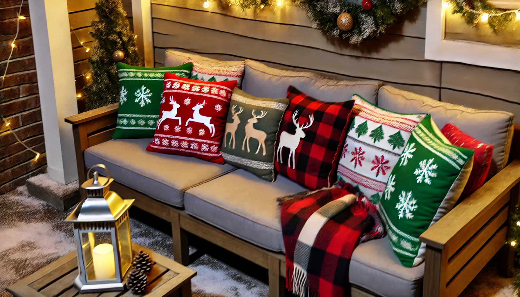 A cozy outdoor Christmas scene featuring festive throw pillows arranged on outdoor furniture. The pillows are decorated with holiday designs, such as snowflakes, reindeer, and classic Christmas colors like red, green, and white. The outdoor sofa is set on a porch, with a warm plaid blanket draped over the armrest, creating a comfortable and inviting seating area. Nearby, a small table is decorated with a lantern and pinecones. The porch is subtly adorned with garlands and twinkling lights, and a light dusting of snow covers the ground. The scene is set during the evening, with soft lighting enhancing the warm, festive atmosphere.