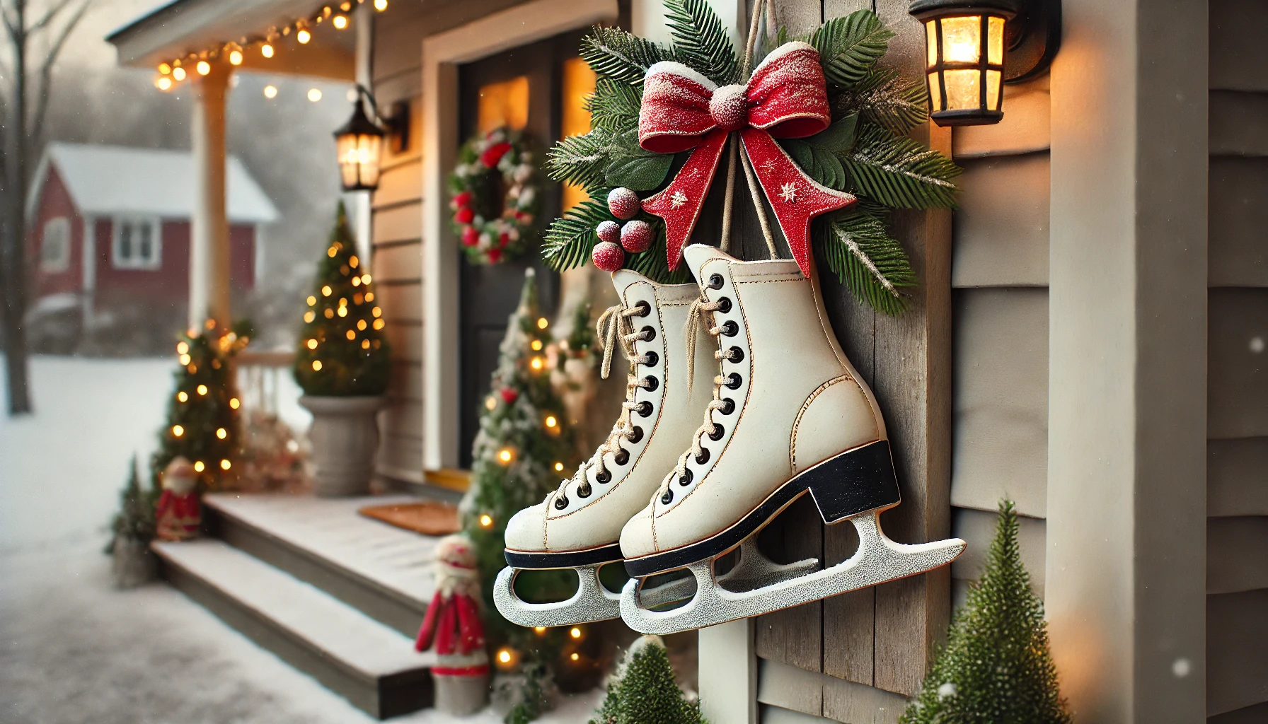 A charming outdoor Christmas scene featuring decorative ice skates hanging on a porch. The ice skates are vintage-style, white with black soles, and are adorned with festive touches like sprigs of pine, red berries, and a bright red bow. The skates are hung by their laces on a porch railing, with a garland of greenery and twinkling lights draped nearby. The porch has additional holiday decorations, including a wreath on the door and small potted evergreen trees. The snow-covered ground and soft evening light create a cozy, nostalgic atmosphere, perfect for the holiday season.