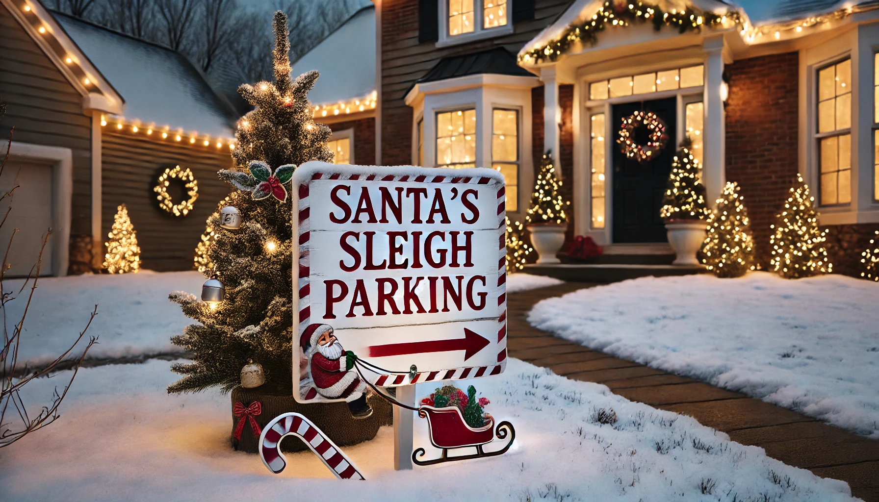 A playful outdoor Christmas scene featuring a 'Santa’s Sleigh Parking' sign placed on a snow-covered lawn. The sign is bright and festive, with red and white stripes, and decorated with holly, candy canes, and small bells. It stands prominently, pointing towards the front of the house, adding a whimsical touch to the holiday decor. The background shows a cozy house with twinkling string lights, a wreath on the door, and a few potted evergreen trees. The scene is set during the evening, with the sign softly illuminated, creating a cheerful, festive atmosphere.