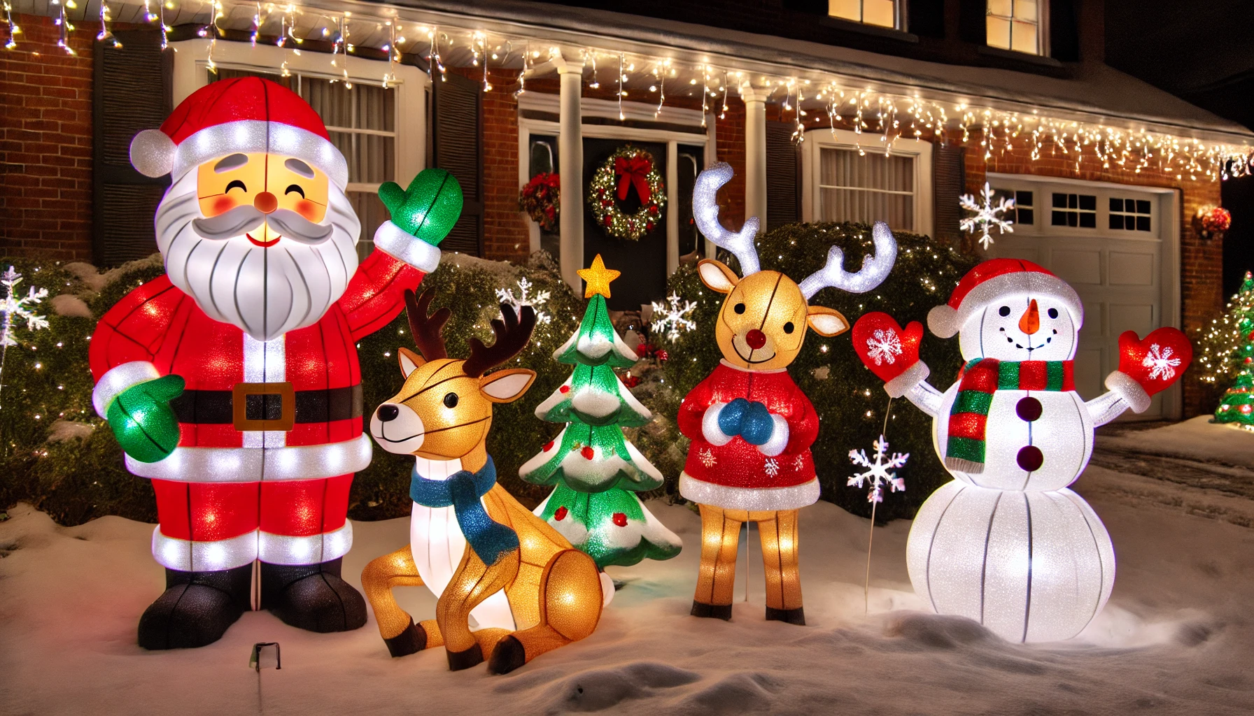 A lively outdoor Christmas scene featuring animated figures, including a waving Santa Claus, a nodding reindeer, and a cheerful snowman. The figures are set up on a snow-covered lawn, with each character decorated in bright, festive colors. Santa is waving with a big smile, while the reindeer nods its head and the snowman waves a mitten. The scene is illuminated by twinkling string lights draped on nearby bushes, adding to the joyful, animated display. The house in the background has subtle holiday decorations, creating a warm, cheerful atmosphere. The scene is set during the evening, with the animated figures softly glowing in the festive light.