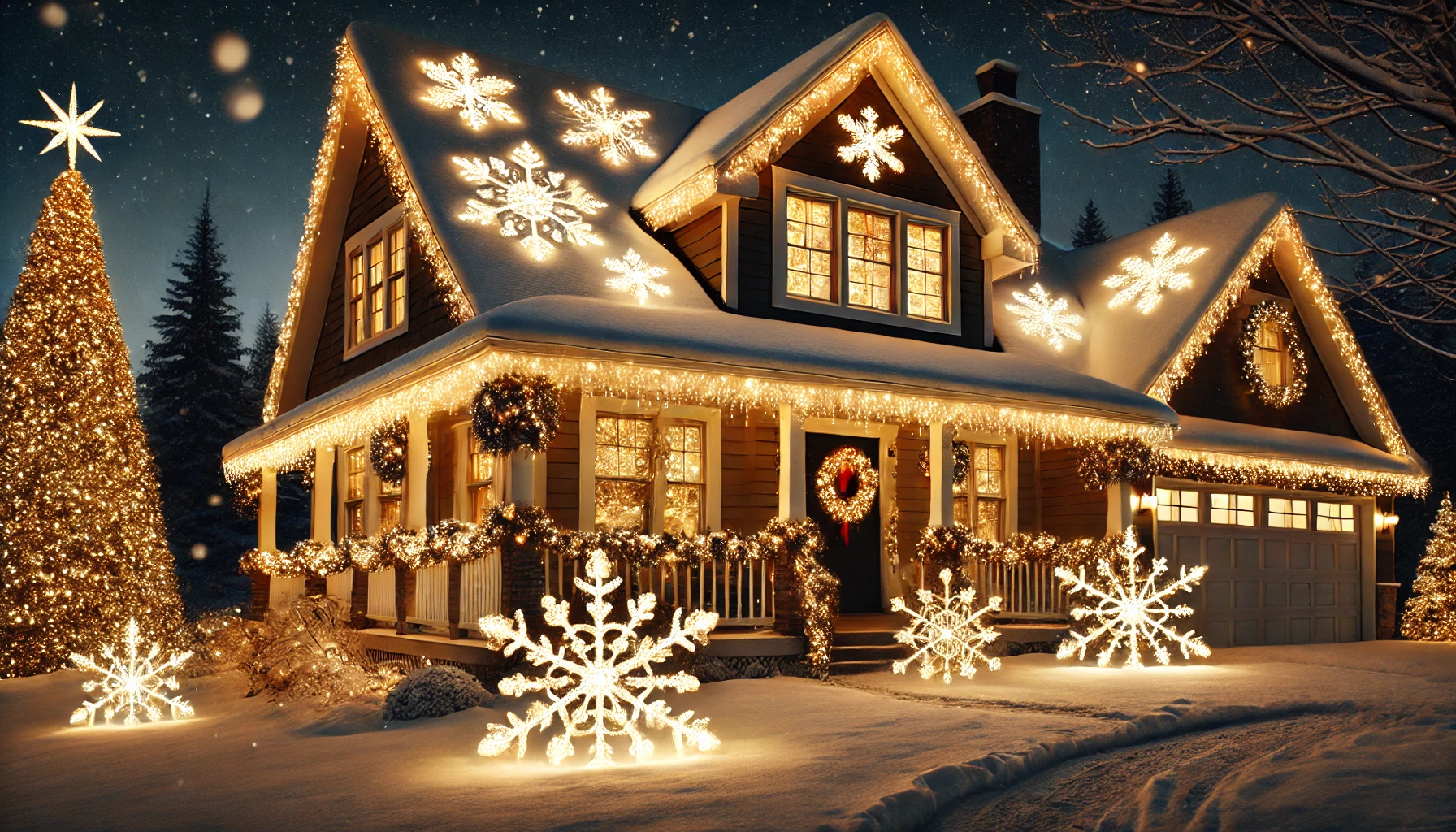 A cozy outdoor Christmas scene featuring light-up snowflakes arranged on the roof of a house. The snowflakes are glowing brightly in warm white, creating a sparkling, festive effect against the dark evening sky. The house is softly illuminated, with additional holiday decorations like garlands draped around the porch and a wreath on the front door. Snow covers the ground, reflecting the glow of the snowflakes, adding to the magical winter ambiance. The scene captures a cheerful, festive holiday spirit, perfect for Christmas celebrations.