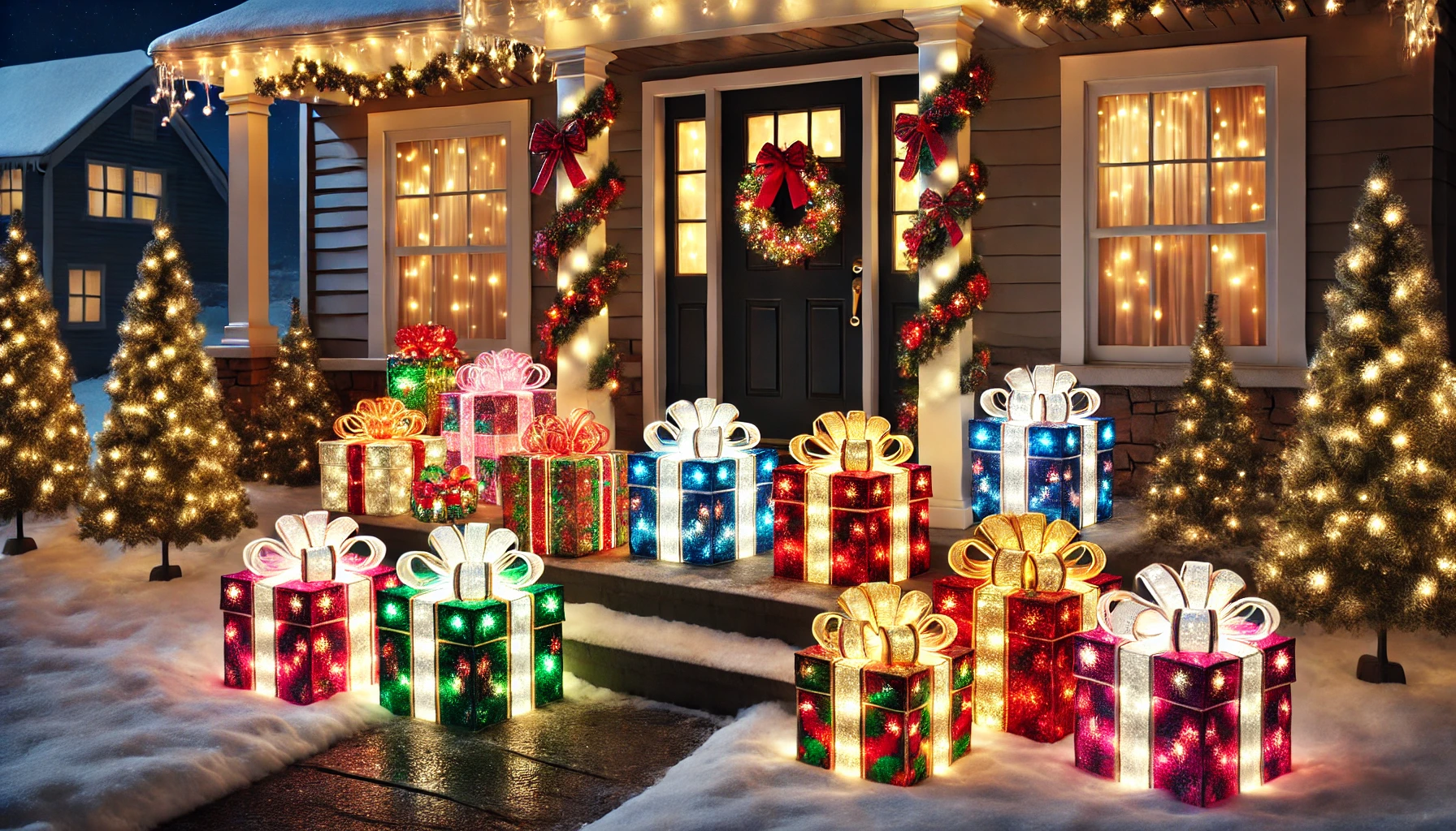 A festive outdoor Christmas scene featuring light-up presents arranged by the front door of a house. The presents are beautifully wrapped in colorful, shiny paper with glowing ribbons, creating a cheerful, illuminated effect. Each gift box emits a warm light, making them stand out against the snow-covered porch. The front door is decorated with a holiday wreath, and garlands with twinkling lights are draped along the railings. Small evergreen trees are placed nearby, adding to the festive atmosphere. The scene is set during the evening, enhancing the cozy, magical glow of the light-up presents.