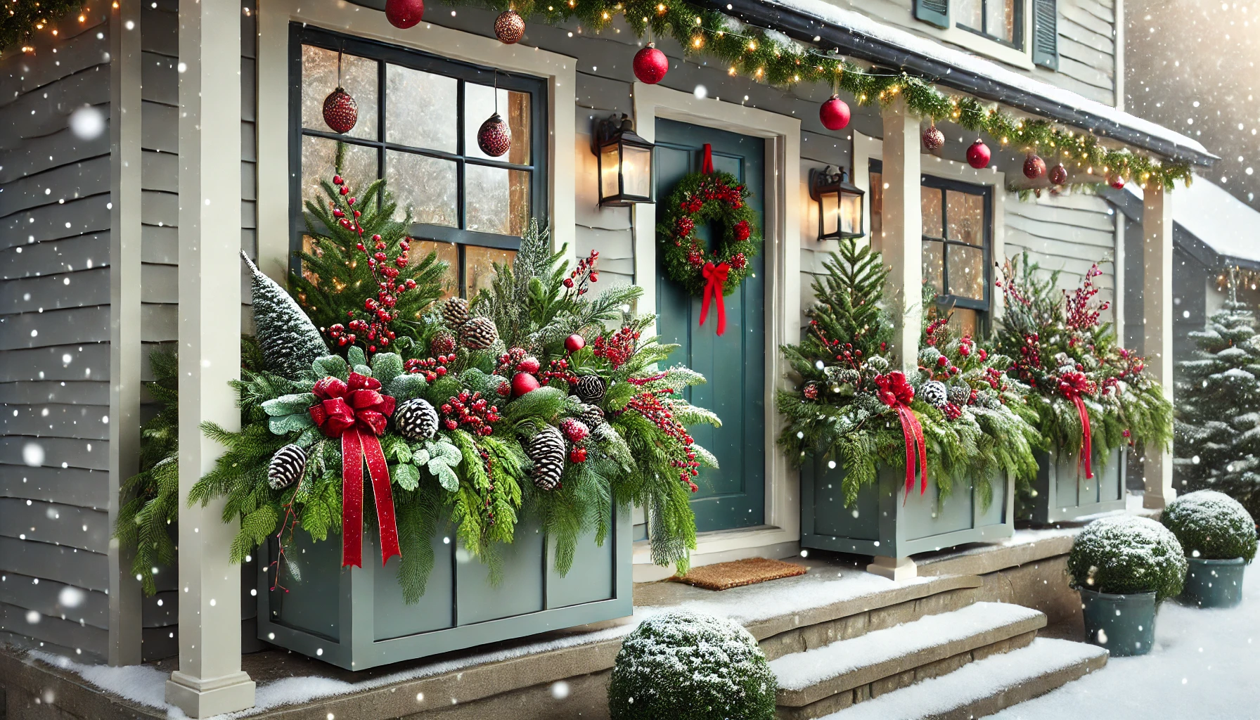 A charming outdoor Christmas scene featuring festive window box arrangements. The window boxes are filled with lush greenery, pine branches, red berries, and pinecones, decorated with small ornaments and red ribbons. Each arrangement is designed to look full and vibrant, adding a touch of holiday cheer to the windows. Snow gently covers the greenery, creating a wintry, festive feel. The house exterior is subtly decorated with string lights and a wreath on the door, enhancing the cozy atmosphere. The scene is set during the daytime, with natural light highlighting the beautiful, festive window box displays.