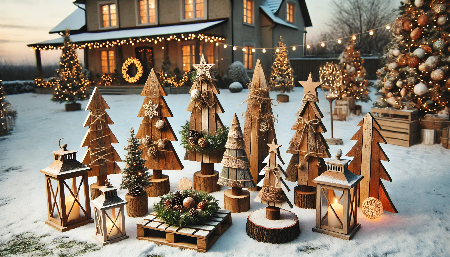 A charming outdoor Christmas scene featuring rustic wooden Christmas trees set up on a snow-covered lawn. The wooden trees are crafted from natural, weathered wood, arranged in various sizes, and decorated with simple accents like twine, pinecones, and small red bows. The trees have a handmade, rustic look that adds a cozy, farmhouse-style touch. Nearby, small string lights gently illuminate the scene, and a few lanterns are placed around the display, casting a warm, soft glow. The backdrop includes a quaint house with minimal holiday decorations, enhancing the rustic, serene atmosphere during dusk.