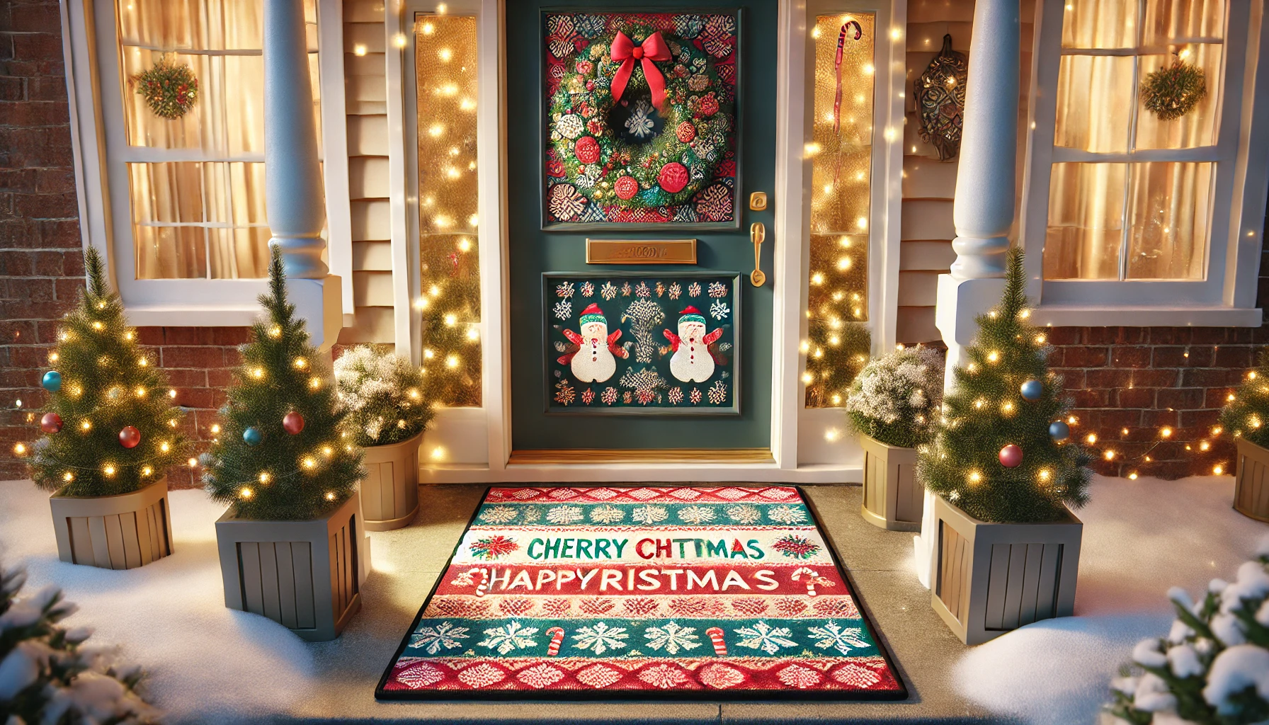 A festive outdoor scene featuring a decorative Christmas door mat placed at the entrance of a cozy, snow-covered porch. The mat is brightly colored with a cheerful holiday design, displaying a message like 'Merry Christmas' or 'Happy Holidays' along with festive patterns such as snowflakes, holly, and candy canes. The front door is adorned with a beautiful wreath, and garlands with twinkling lights are draped along the railings. The setting is warm and inviting, with small evergreen trees in planters nearby, creating a welcoming, holiday atmosphere. The scene is set during the evening, with the porch softly lit, adding a cozy, festive glow.