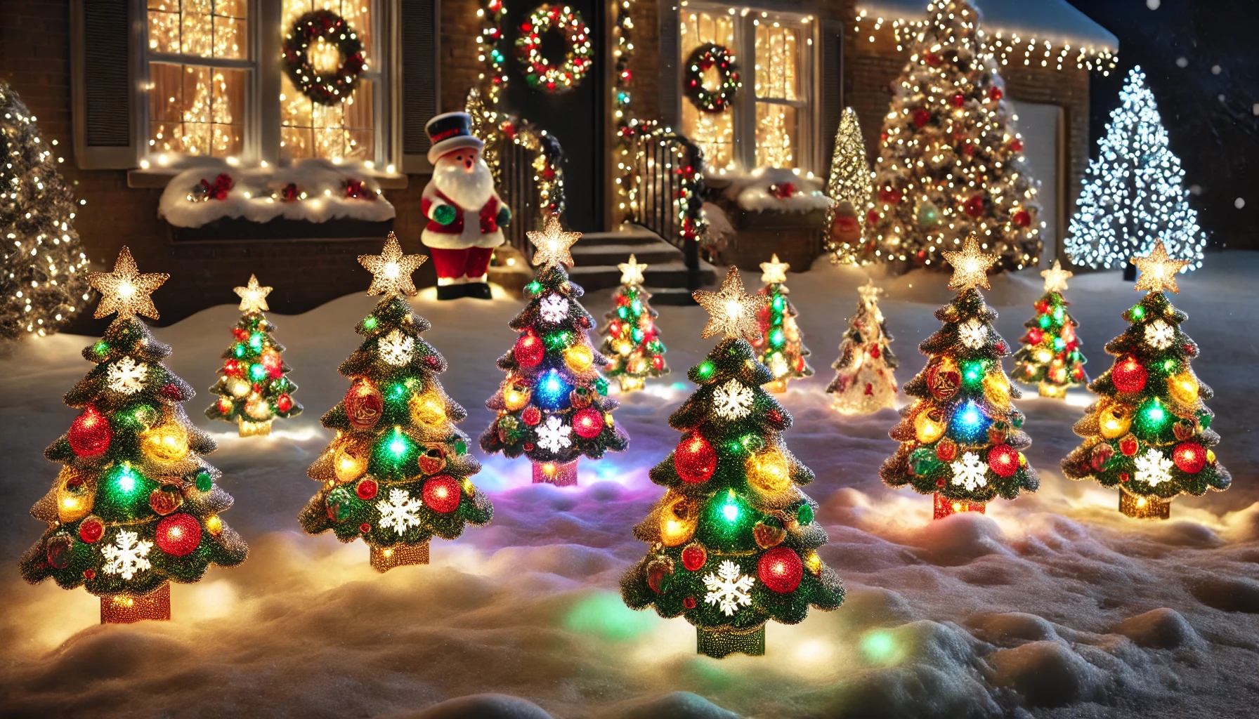 A festive outdoor Christmas scene featuring light-up Christmas tree figures set up on a snow-covered lawn. The figures are small, glowing trees adorned with bright, colorful lights, creating a cheerful and vibrant display. Each tree is decorated with ornaments and a star on top, adding to the holiday spirit. The light-up trees are arranged in a row, casting a warm and twinkling glow. The background includes a cozy house with subtle decorations, like garlands and a wreath, enhancing the festive atmosphere. The scene is set during the evening, with the glowing tree figures illuminating the snowy landscape.