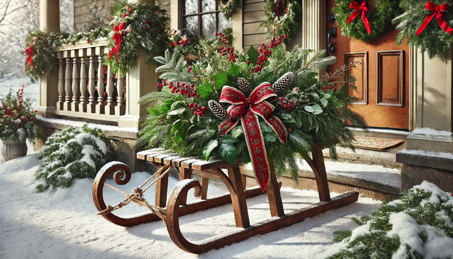 A charming outdoor Christmas scene featuring a vintage sled decorated with greenery. The sled, made of rustic wood and metal, leans against a snow-covered porch, adorned with lush pine branches, red berries, and a bright red bow. Small pinecones and holly leaves are tucked into the greenery, adding to the festive look. The porch is also decorated with subtle holiday touches like a wreath on the door and garlands around the railings. The scene is set during the daytime, with soft natural light highlighting the vintage sled and its beautiful, classic decorations, creating a nostalgic, cozy holiday feel.