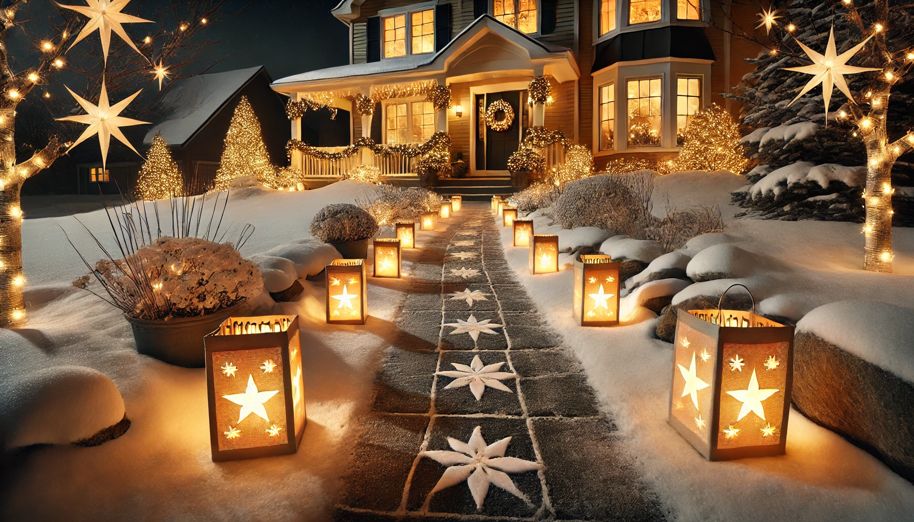 A serene outdoor Christmas scene featuring a lighted path lined with luminaries. The luminaries are glowing warmly, set along a snow-covered walkway leading up to a cozy house. Each luminary is housed in a decorative bag with cut-out star patterns, creating a gentle, twinkling effect. The path is softly illuminated, guiding visitors towards the warmly lit entrance. The house is decorated with festive touches like a wreath on the door and garlands along the porch, enhancing the holiday atmosphere. The scene is set during the evening, with the luminaries casting a peaceful, inviting glow.