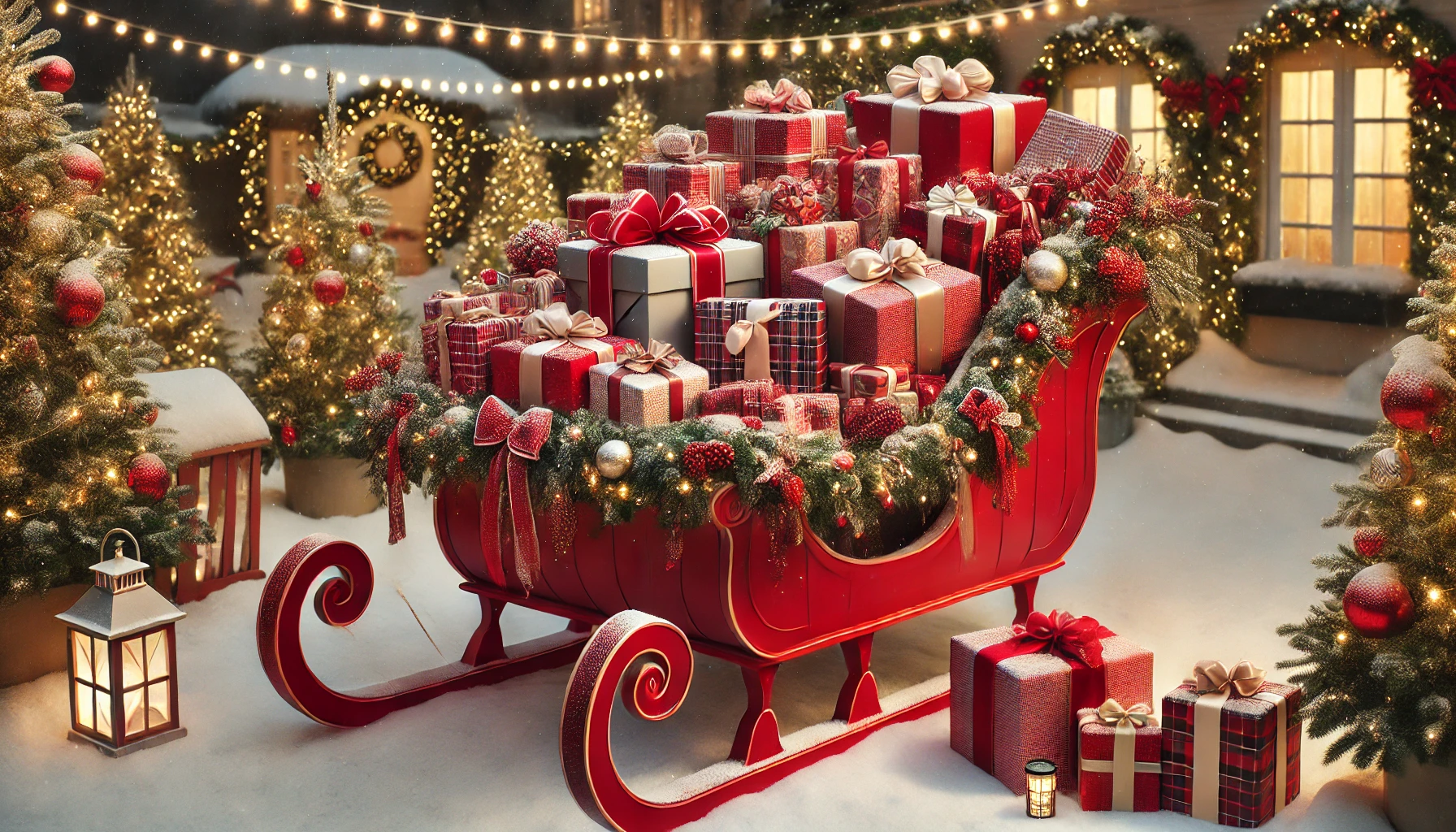 A festive outdoor Christmas scene featuring a classic red sleigh filled with beautifully wrapped gifts. The sleigh is adorned with garlands, bows, and small ornaments, making it a cheerful centerpiece. The gifts are wrapped in bright, colorful paper with ribbons and are piled up neatly, spilling out slightly to create a full, abundant look. The sleigh is set on a snow-covered lawn, with a few evergreen trees and twinkling string lights in the background. The scene is set during the evening, with the sleigh softly illuminated, adding a warm, festive glow.