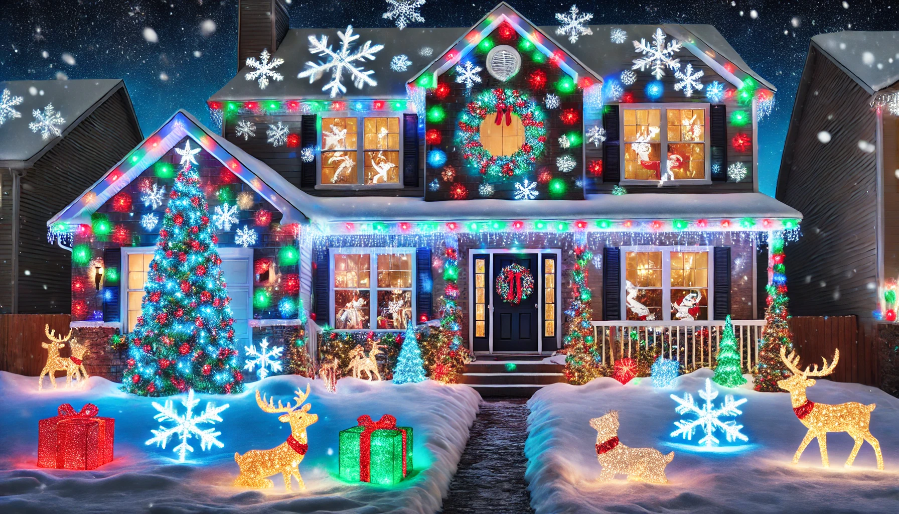 An outdoor Christmas scene featuring a Christmas projector illuminating the exterior of a house. The projector displays festive patterns like snowflakes, reindeer, and holiday greetings in bright, colorful lights across the front of the house. The scene is set in a snow-covered yard, with additional Christmas decorations such as string lights around the windows and a wreath on the front door. The projector lights move and twinkle, creating a dynamic, cheerful display that brings the whole yard to life. The setting is during the evening, enhancing the vibrant colors and festive atmosphere.