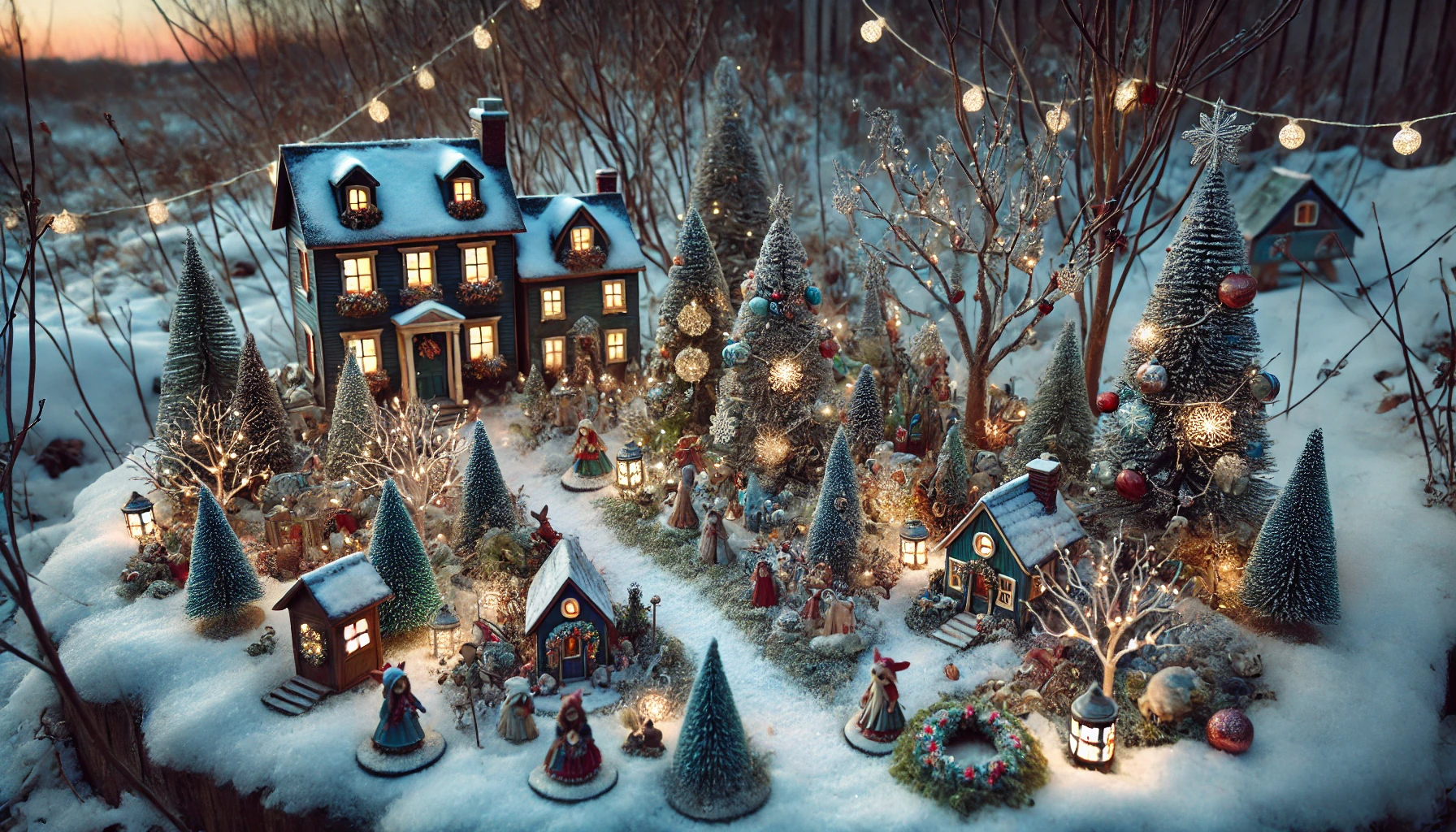 A whimsical outdoor scene featuring a Christmas fairy garden set up on a snow-covered patch. The fairy garden is decorated with miniature Christmas trees, tiny houses, and small glowing lanterns. Each element is intricately detailed, with little wreaths on the doors, tiny garlands, and small ornaments hanging on the trees. The garden is sprinkled with soft, twinkling lights that cast a gentle glow, creating a magical, enchanting atmosphere. Miniature figurines of fairies, reindeer, and other holiday creatures are positioned around the garden, adding to the charm. The scene is set during the evening, with the fairy garden softly illuminated, evoking a sense of wonder and holiday spirit.