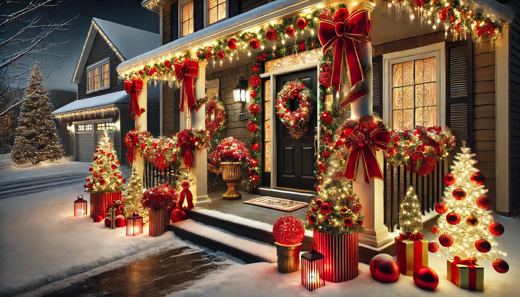 A stylish outdoor Christmas scene featuring color-coordinated holiday decor. The decorations are themed in red and gold, with matching ornaments, ribbons, and lights carefully arranged around the porch and front yard. The wreath on the door, garlands on the railings, and even the small potted trees are decorated to match the color scheme, creating a cohesive and elegant look. The snow-covered ground reflects the warm, glowing lights, enhancing the festive atmosphere. The scene is set during the evening, with the color-coordinated decor shining brightly against the dark sky, creating a sophisticated and festive display.