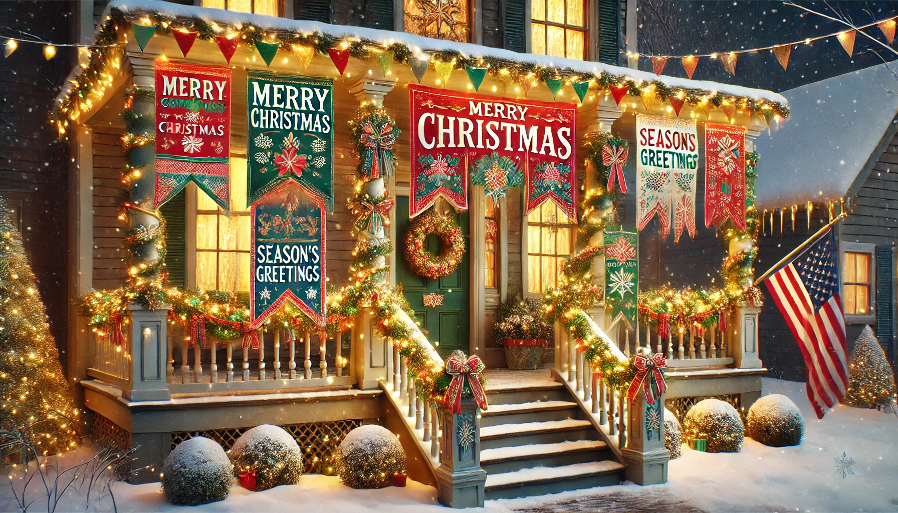 A cozy outdoor Christmas scene featuring a porch swing decorated for the holidays. The swing is adorned with festive elements like a warm plaid blanket, red and green pillows, and a string of twinkling lights draped around it. Pine garlands with small ornaments and red bows are wrapped around the swing's chains, adding a touch of holiday cheer. The porch has additional decorations, such as a wreath on the door and garlands along the railings. Snow gently covers the ground, and the scene is set during the evening, with soft lights illuminating the swing, creating a warm and inviting atmosphere.