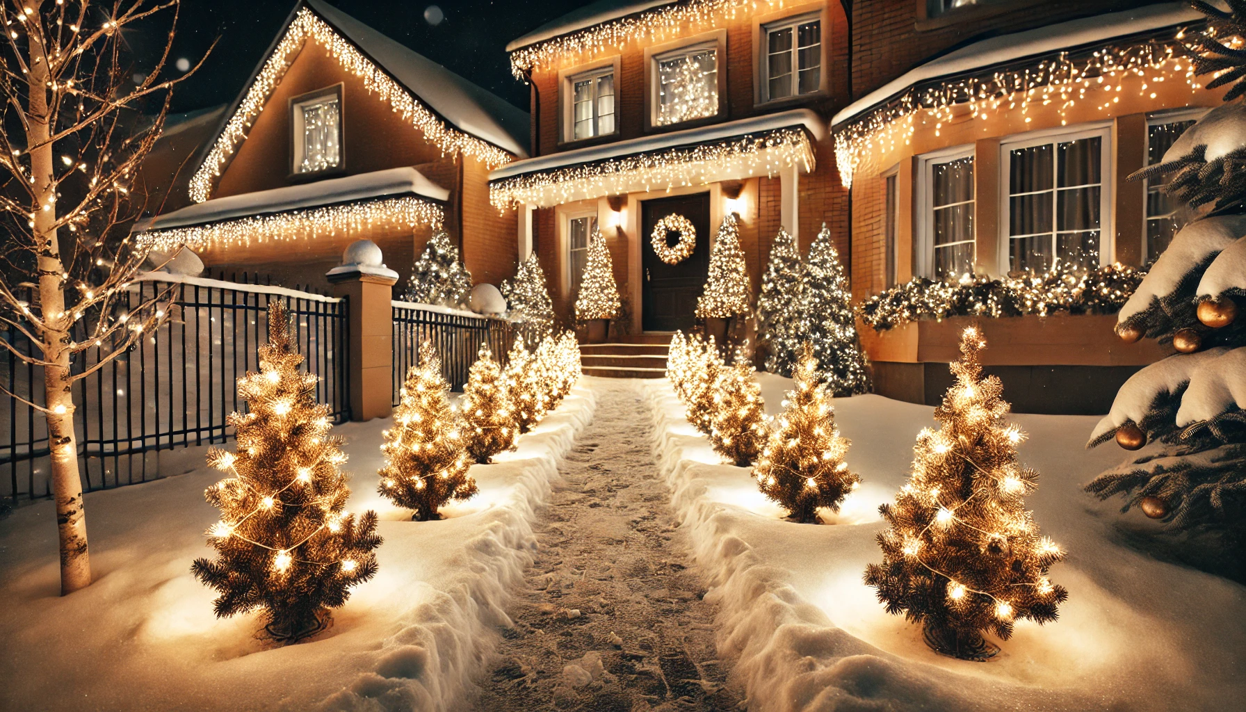 A festive outdoor scene featuring illuminated pathway trees lining a snow-covered walkway. The small, glowing trees are decorated with warm white lights, creating a magical and inviting path leading up to the entrance of a house. Each tree is perfectly shaped and evenly spaced, casting a gentle, twinkling glow. The house in the background is decorated with subtle holiday touches, including a wreath on the door and garlands along the porch. The scene is set during the evening, with the illuminated trees softly lighting up the snowy pathway, adding a cozy, festive ambiance.