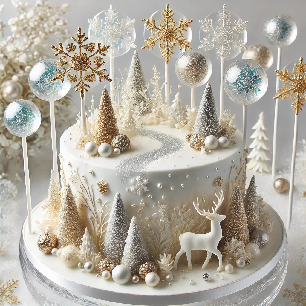 A luxurious winter-themed cake with a smooth white fondant base, elegantly decorated with metallic gold and silver edible trees, snowflakes, and reindeer. The cake is adorned with small edible pearls and glitter for a snowy effect. On top, clear isomalt lollipops with embedded snowflake designs stand upright, creating a magical snowy forest scene. The design is displayed against a clear white background to highlight the intricate winter wonderland details.