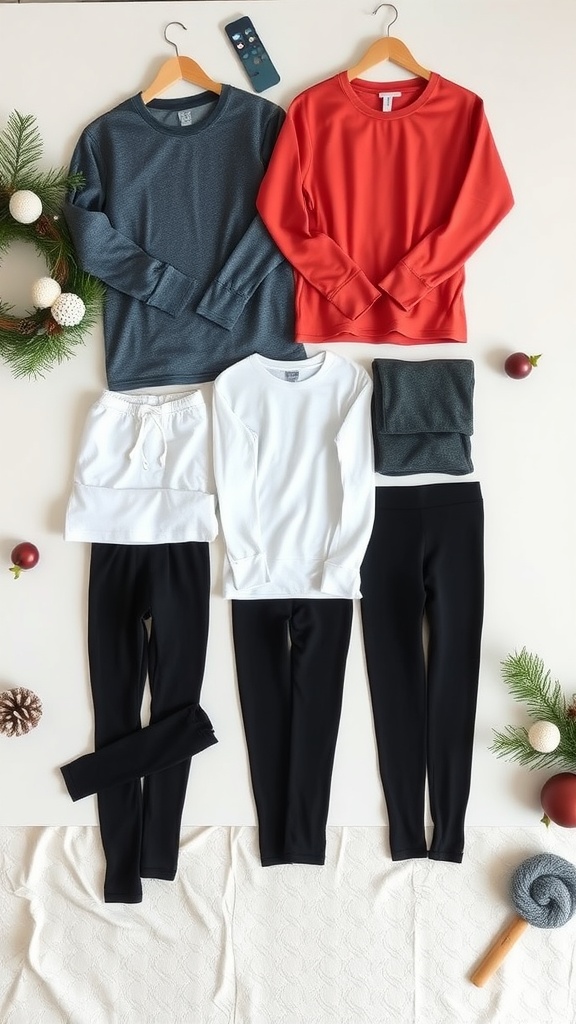 A display of winter base layers including tops and leggings in gray, red, white, and black, arranged with holiday decorations.