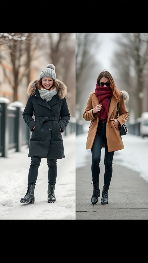 Two women in stylish winter outfits, one in a black coat, scarf, and hat, and the other in a caramel coat with a red scarf.