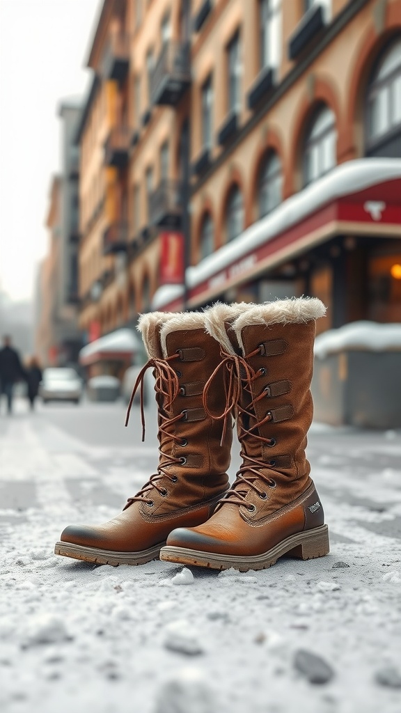 Stylish brown winter boots on a snowy street