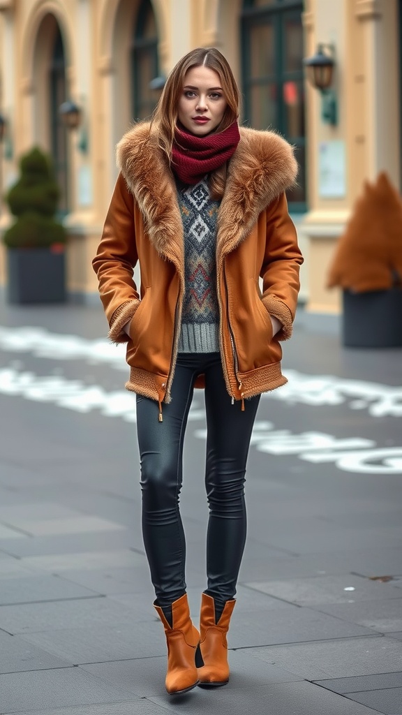 A woman dressed in a stylish winter outfit featuring a tan coat with a fur collar, a patterned sweater, and leather pants, standing on a city street.