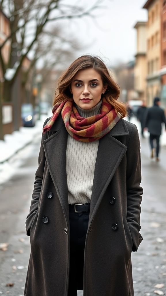 A woman in a stylish winter outfit, featuring a dark coat, a light sweater, and a patterned scarf, standing on a snowy street.