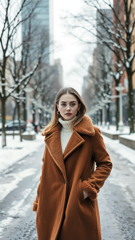 A woman in a cozy brown coat with a plush collar stands on a snowy street, showcasing winter outerwear fashion.