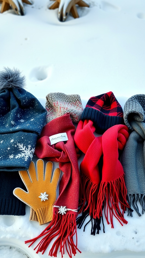 A collection of stylish winter accessories including hats, scarves, and gloves on a snowy surface.