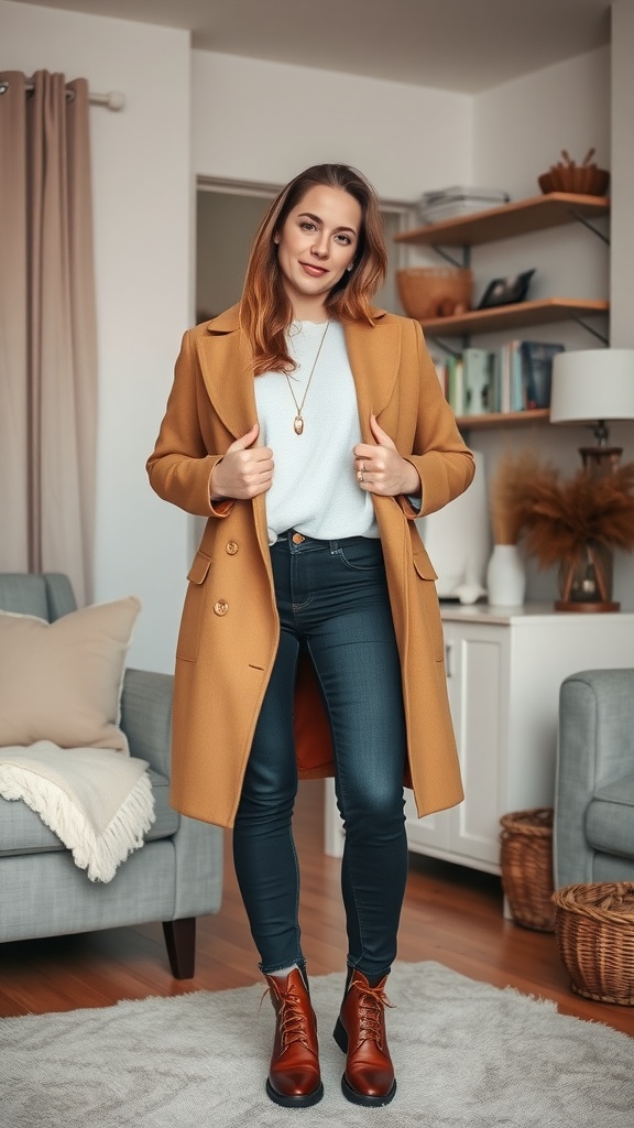 A woman in a mustard coat over a light sweater, paired with fitted jeans and stylish boots, standing in a cozy indoor setting.