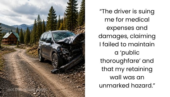 “The driver is suing me for medical expenses and damages, claiming I failed to maintain a ‘public thoroughfare’ and that my retaining wall was an unmarked hazard.”